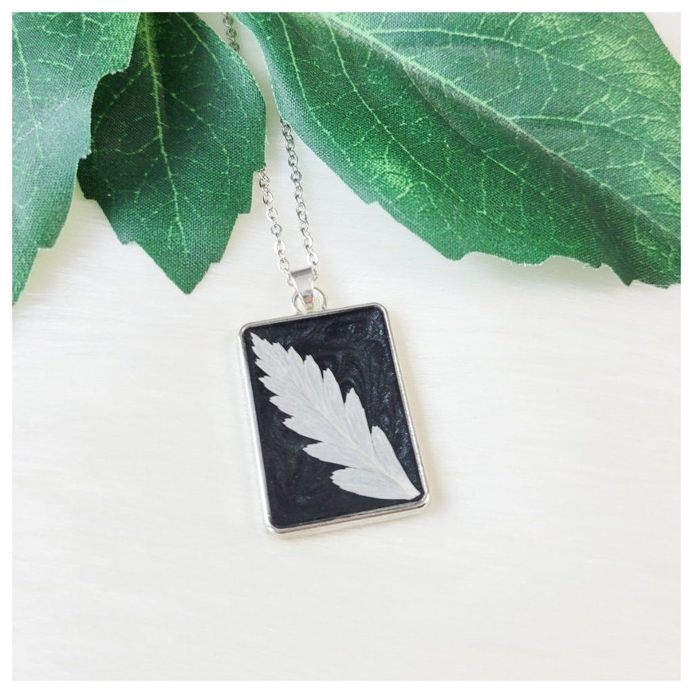 Handmade Pendant Necklace Charcoal Black Off White Pressed Dried Leaf Pendant